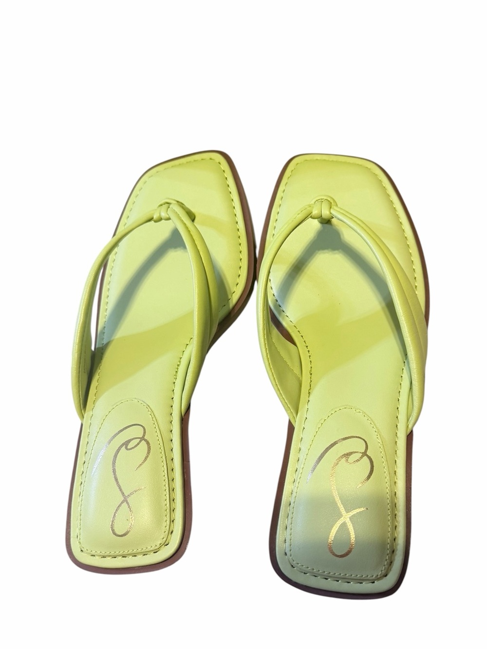 🌟🌼 NIB SAM EDELMAN DAPHNEY KIWI LEATHER Lime Green Thong Kitten Heel Sandals - Picture 8 of 9